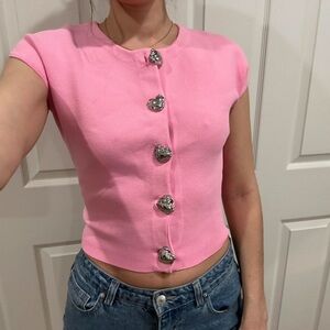 Zara Pink Cap Sleeve Crop Top with Button Detail